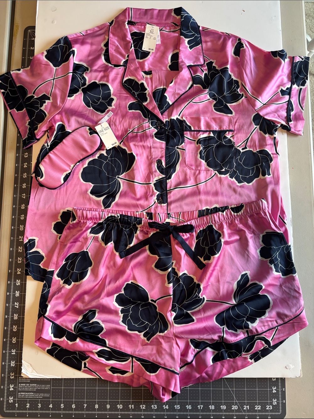 stars above Pink and Black Floral Satin Short Pajama Set with Eye Mask